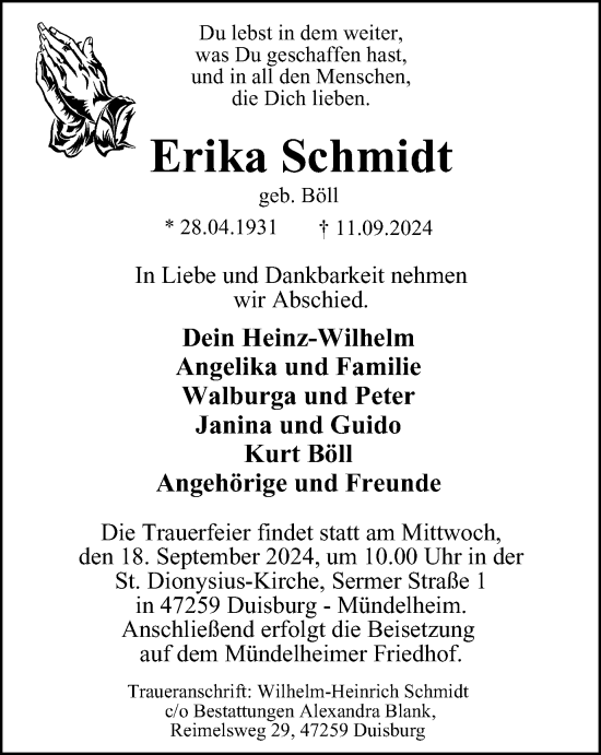 Traueranzeige von Erika Schmidt von Tageszeitung