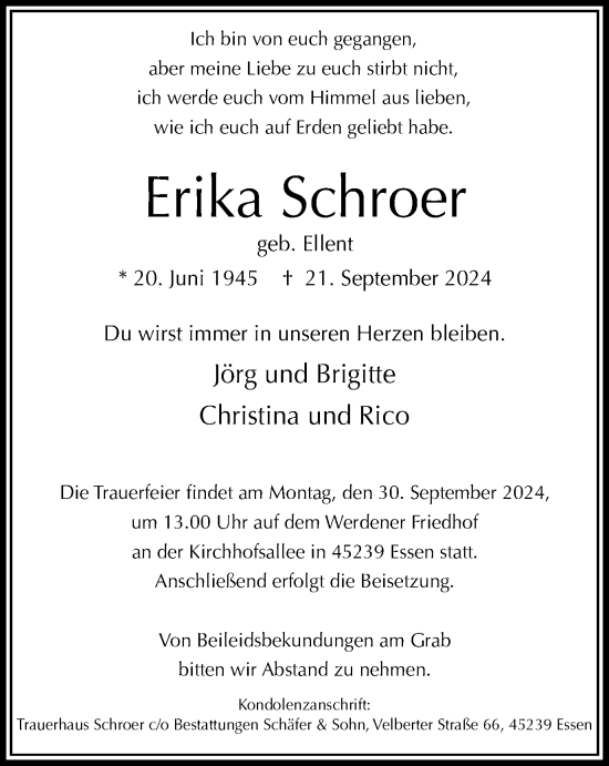 Traueranzeige von Erika Schroer von Tageszeitung