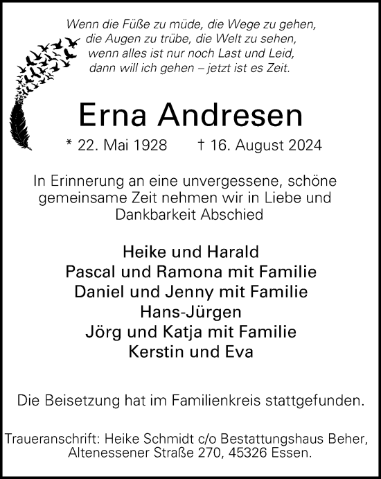 Traueranzeige von Erna Andresen von Tageszeitung