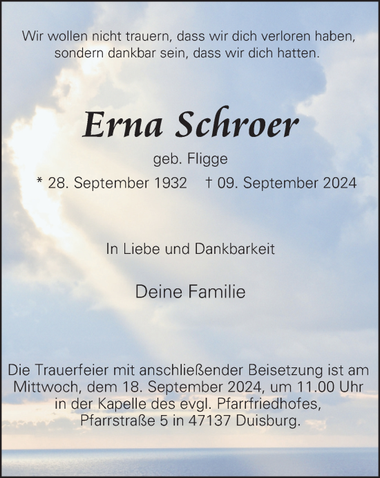 Traueranzeige von Erna Schroer von Tageszeitung
