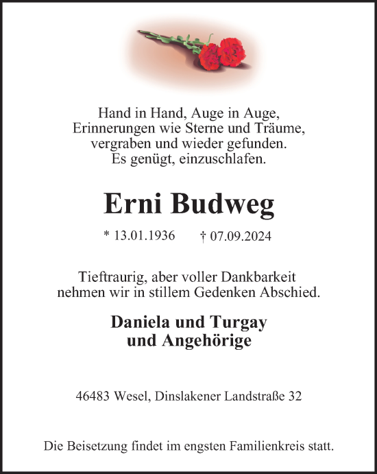 Traueranzeige von Erni Budweg von Tageszeitung
