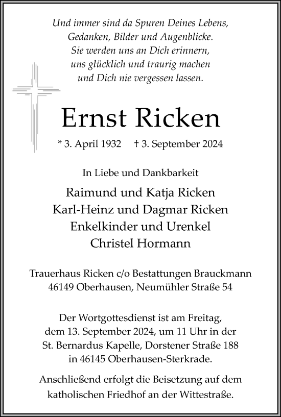 Traueranzeige von Ernst Ricken von Tageszeitung