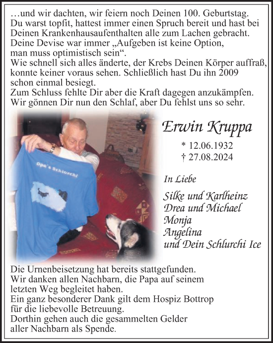 Traueranzeige von Erwin Kruppa von Tageszeitung