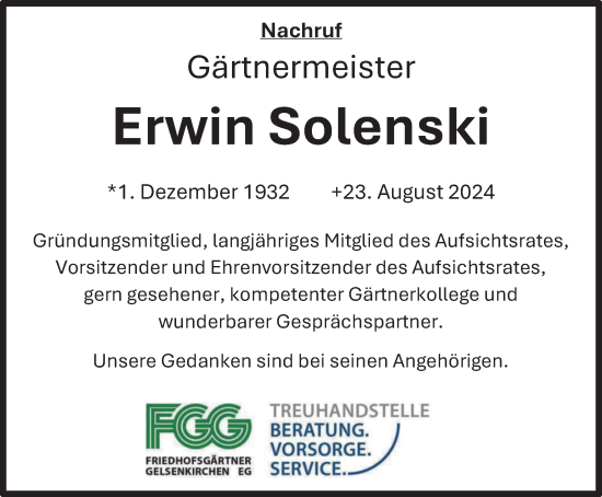 Traueranzeige von Erwin Solenski von Tageszeitung