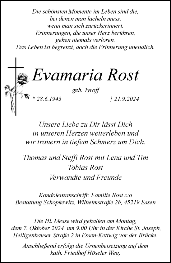 Traueranzeige von Evamaria Rost von Tageszeitung