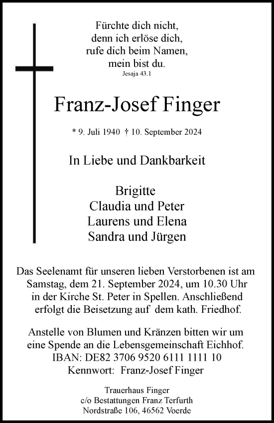 Traueranzeige von Franz-Josef Finger von Tageszeitung