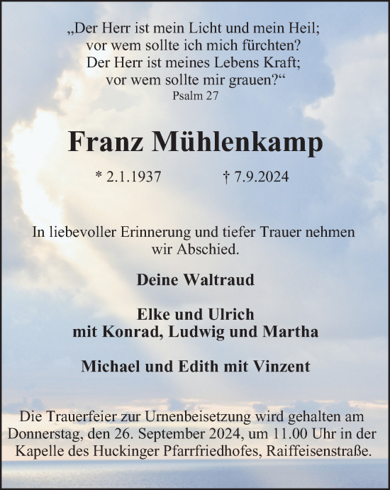 Traueranzeige von Franz Mühlenkamp von Tageszeitung