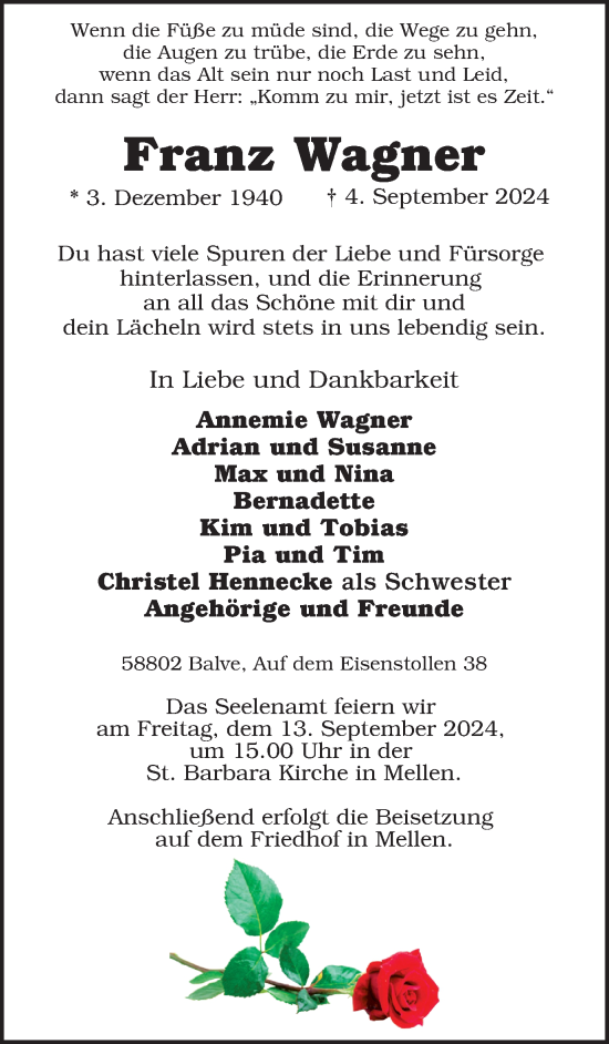 Traueranzeige von Franz Wagner von Tageszeitung