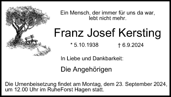 Traueranzeige von Franz Josef Kersting von Tageszeitung