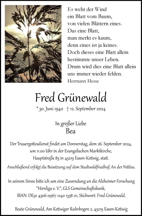 Traueranzeige von Fred Grünewald von Tageszeitung