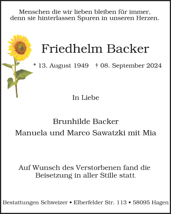 Traueranzeige von Friedhelm Backer von Tageszeitung