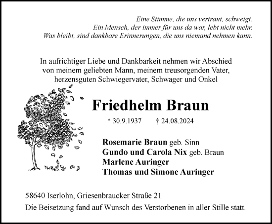 Traueranzeige von Friedhelm Braun von Tageszeitung