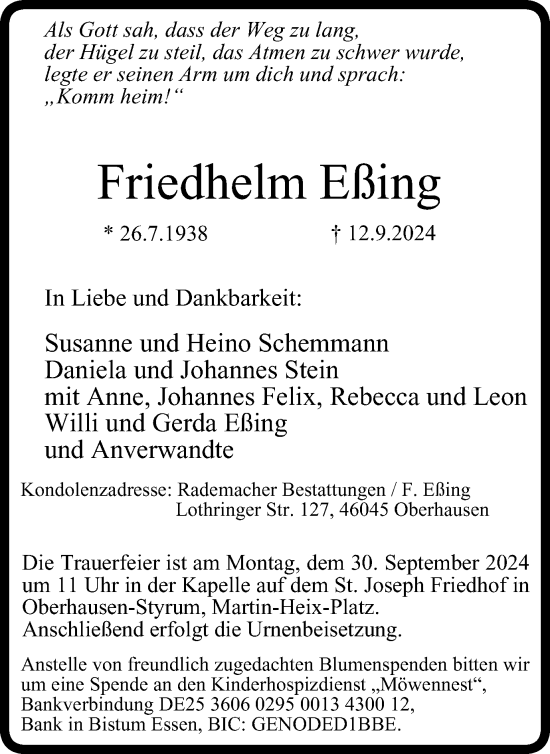 Traueranzeige von Friedhelm Eßing von Tageszeitung