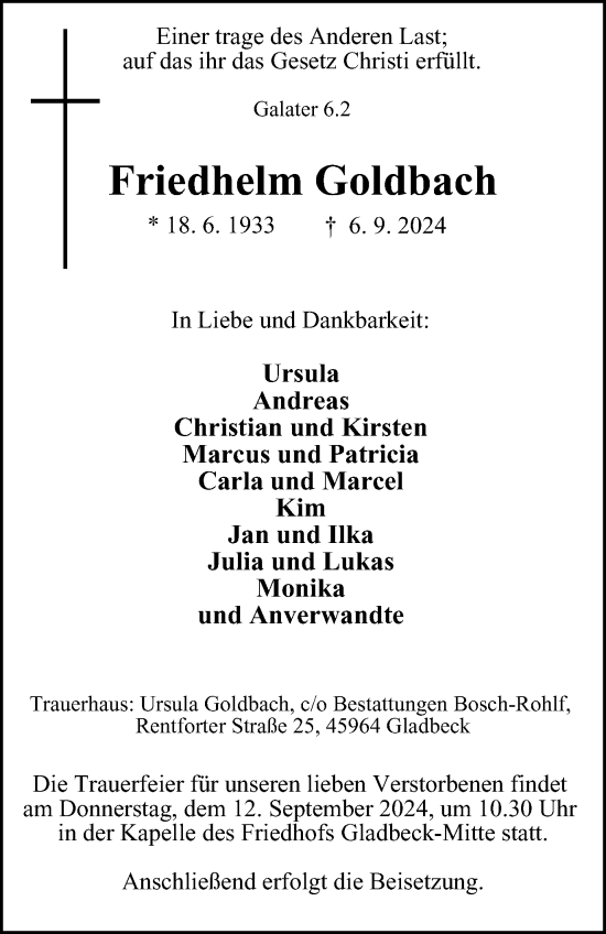 Traueranzeige von Friedhelm Goldbach von Tageszeitung