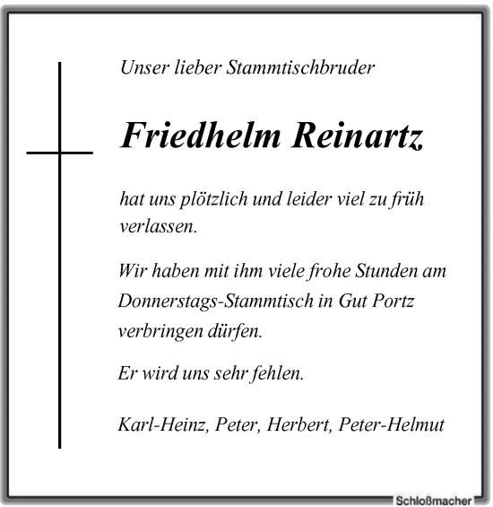 Traueranzeige von Friedhelm Reinartz von Tageszeitung