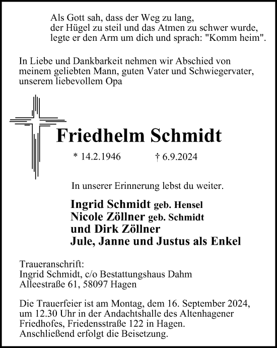Traueranzeige von Friedhelm Schmidt von Tageszeitung