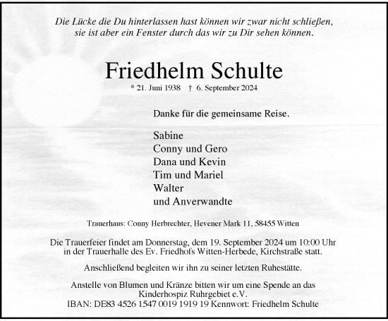 Traueranzeige von Friedhelm Schulte von Tageszeitung