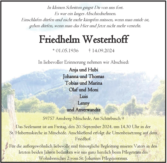 Traueranzeige von Friedhelm Westerhoff von Tageszeitung