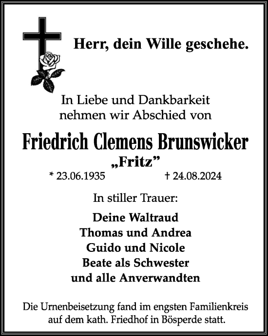 Traueranzeige von Friedrich Clemens Brunswicker von Tageszeitung