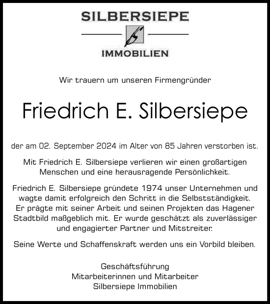 Traueranzeige von Friedrich E. Silbersiepe von Tageszeitung