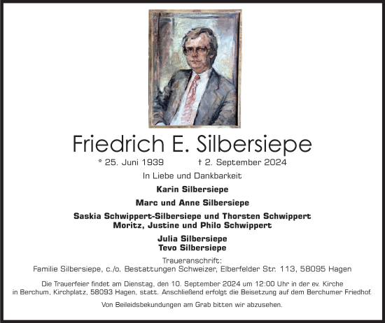 Traueranzeige von Friedrich E. Silbersiepe von Tageszeitung