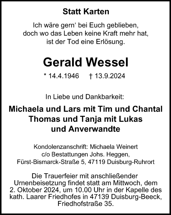 Traueranzeige von Gerald Wessel von Tageszeitung