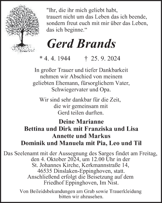 Traueranzeige von Gerd Brands von Tageszeitung