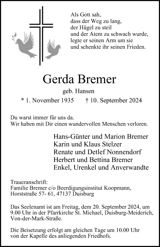 Traueranzeige von Gerda Bremer von Tageszeitung