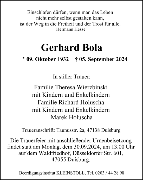 Traueranzeige von Gerhard Bola von Tageszeitung