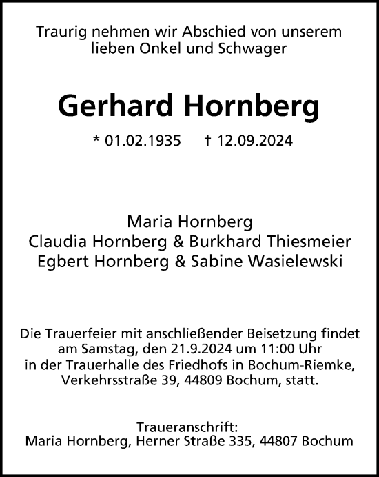 Traueranzeige von Gerhard Hornberg von Tageszeitung