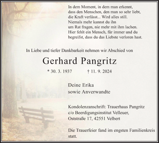 Traueranzeige von Gerhard Pangritz von Tageszeitung