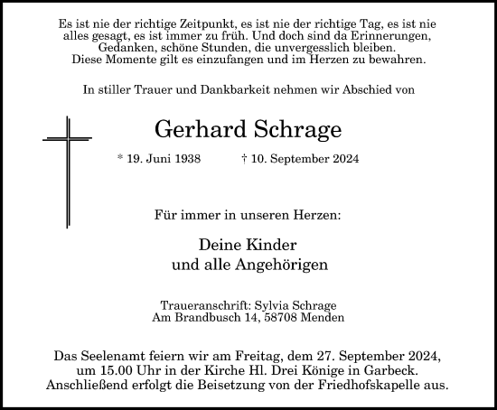 Traueranzeige von Gerhard Schrage von Tageszeitung