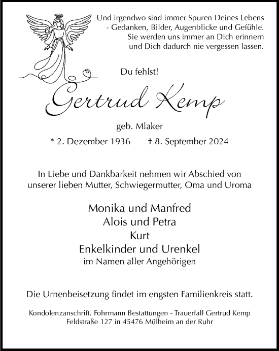 Traueranzeige von Gertrud Kemp von Tageszeitung