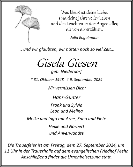 Traueranzeige von Gisela Giesen von Tageszeitung