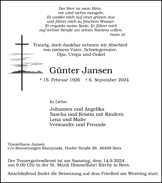Traueranzeige von Günter Jansen von Tageszeitung