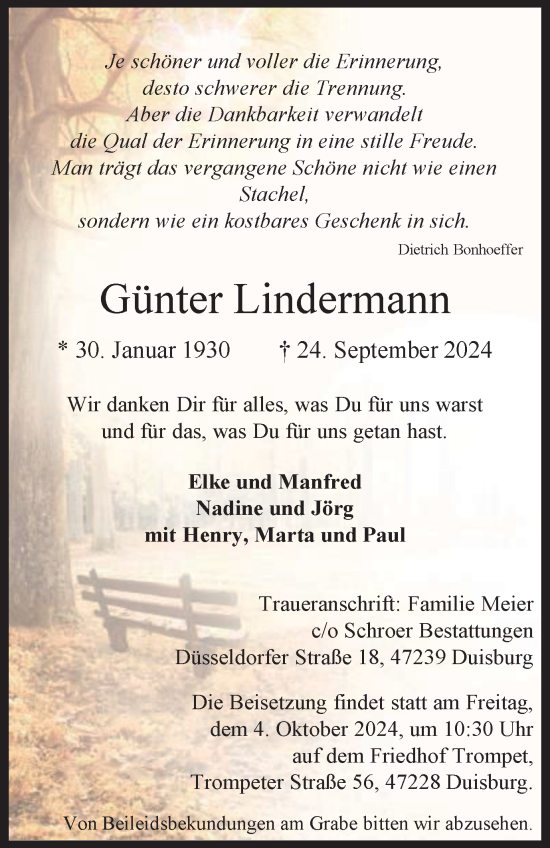 Traueranzeige von Günter Lindermann von Tageszeitung