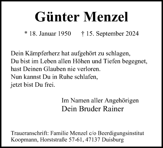 Traueranzeige von Günter Menzel von Tageszeitung
