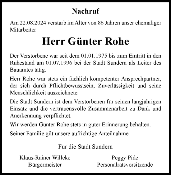 Traueranzeige von Günter Rohe von Tageszeitung