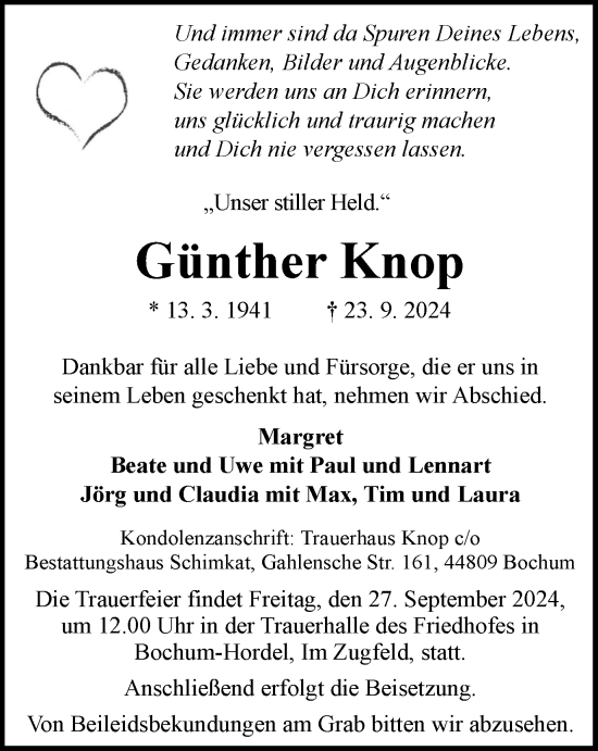 Traueranzeige von Günther Knop von Tageszeitung