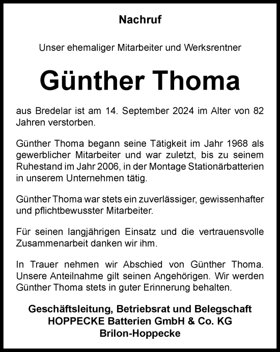 Traueranzeige von Günther Thoma von Tageszeitung