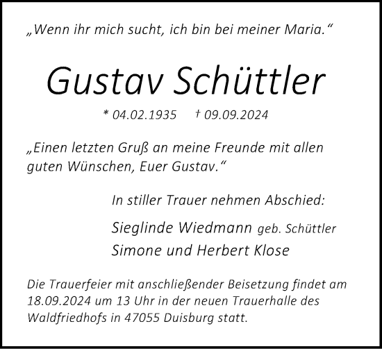 Traueranzeige von Gustav Schüttler von Tageszeitung