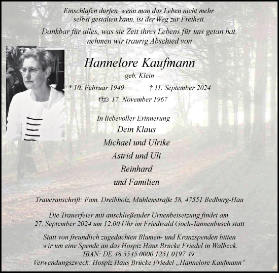 Traueranzeige von Hannelore Kaufmann von Tageszeitung