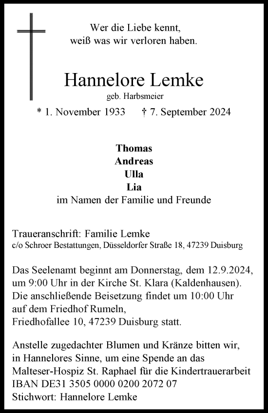 Traueranzeige von Hannelore Lemke von Tageszeitung