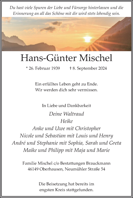 Traueranzeige von Hans-Günter Mischel von Tageszeitung