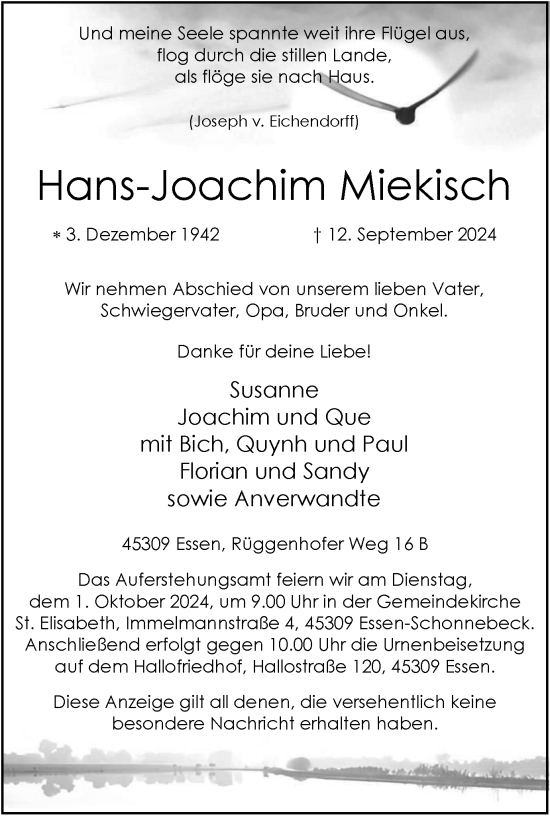 Traueranzeige von Hans-Joachim Miekisch von Tageszeitung