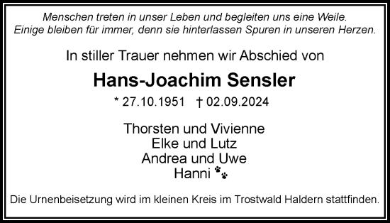 Traueranzeige von Hans-Joachim Sensler von Tageszeitung