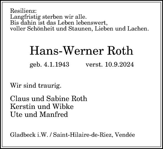 Traueranzeige von Hans-Werner Roth von Tageszeitung