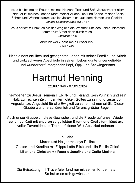 Traueranzeige von Hartmut Henning von Tageszeitung