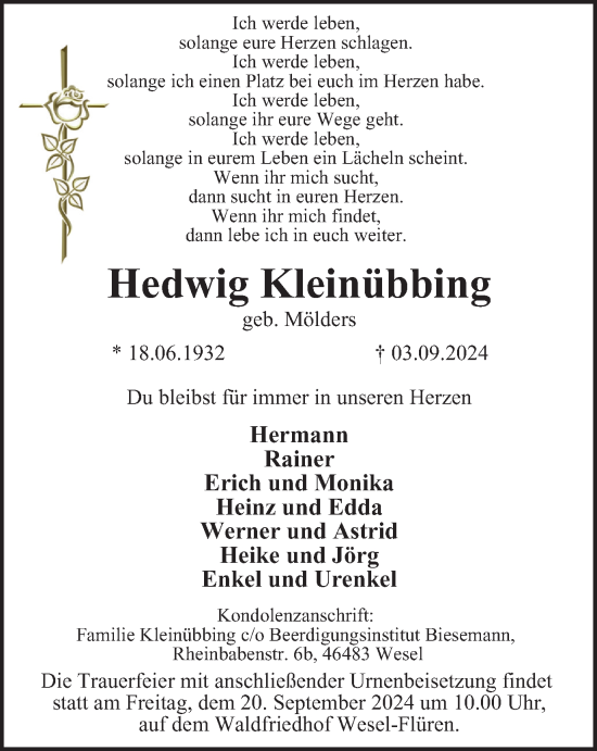 Traueranzeige von Hedwig Kleinübbing von Tageszeitung