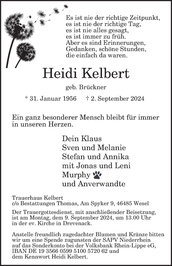 Traueranzeige von Heidi Kelbert von Tageszeitung